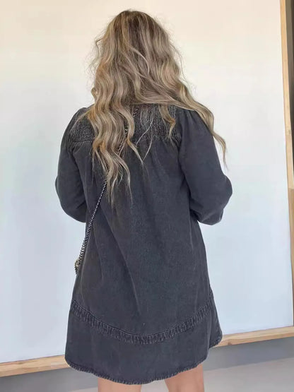 Full Size Button Front Long Sleeve Denim Dress Plus Size - Fashorio