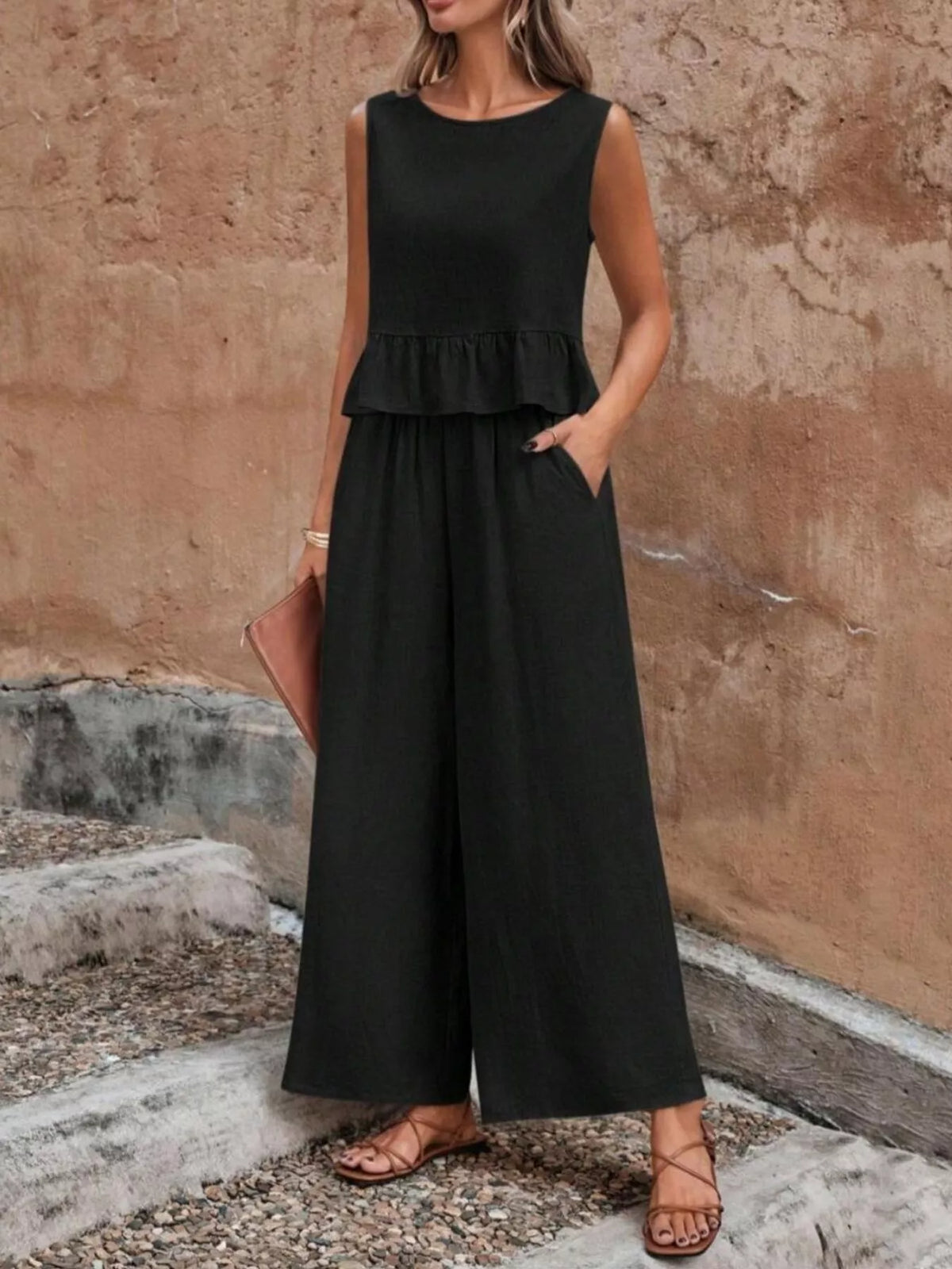 Sleeveless Ruffle Hem Top and Wide Leg Pants Set, view 10