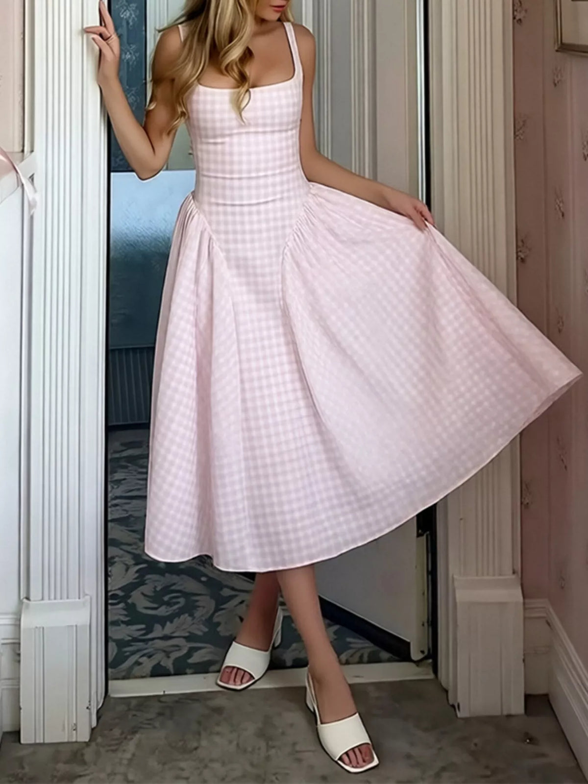 Square neckline plaid midi dress back view