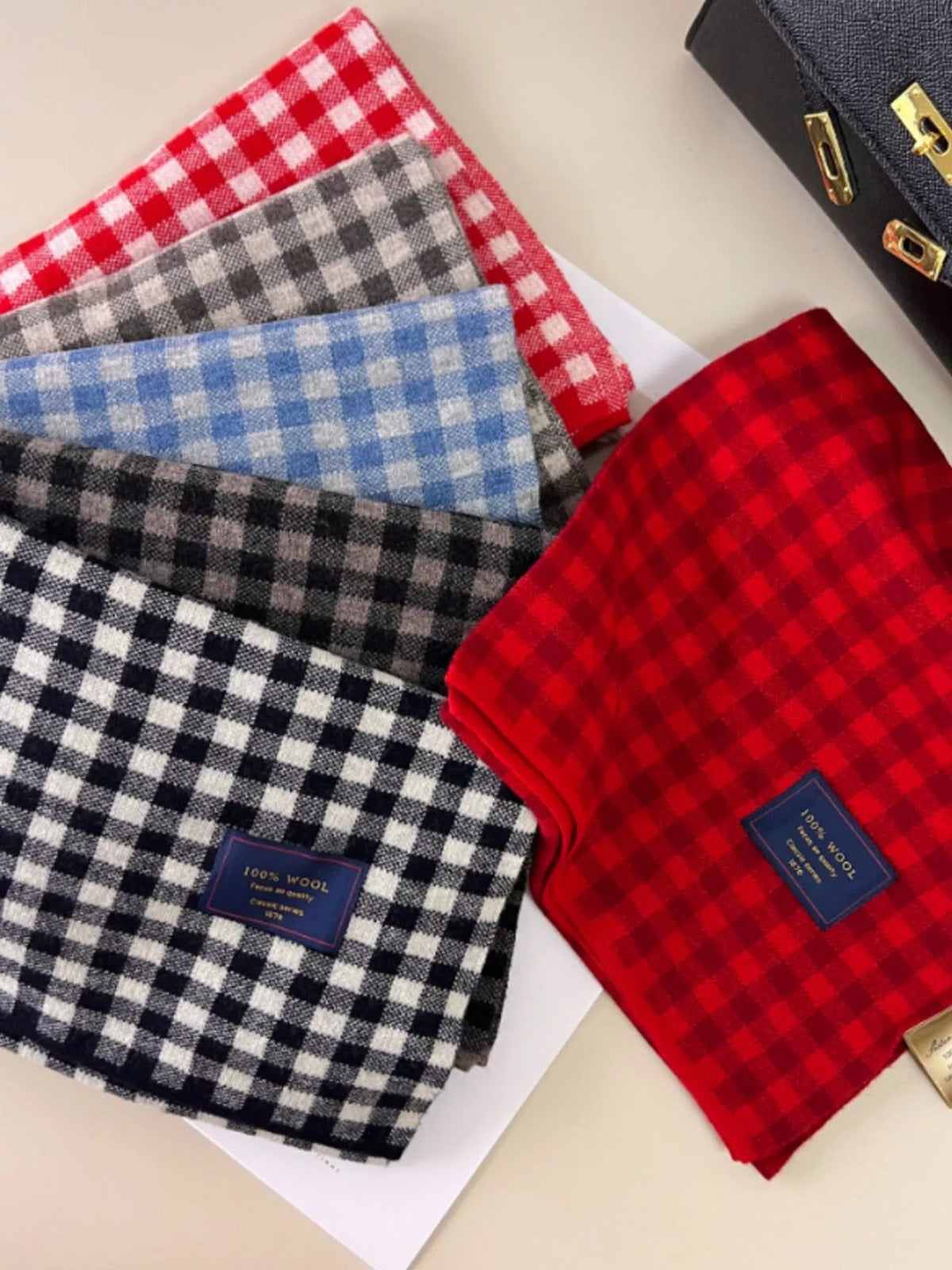 100% wool plaid scarf draped over a coat