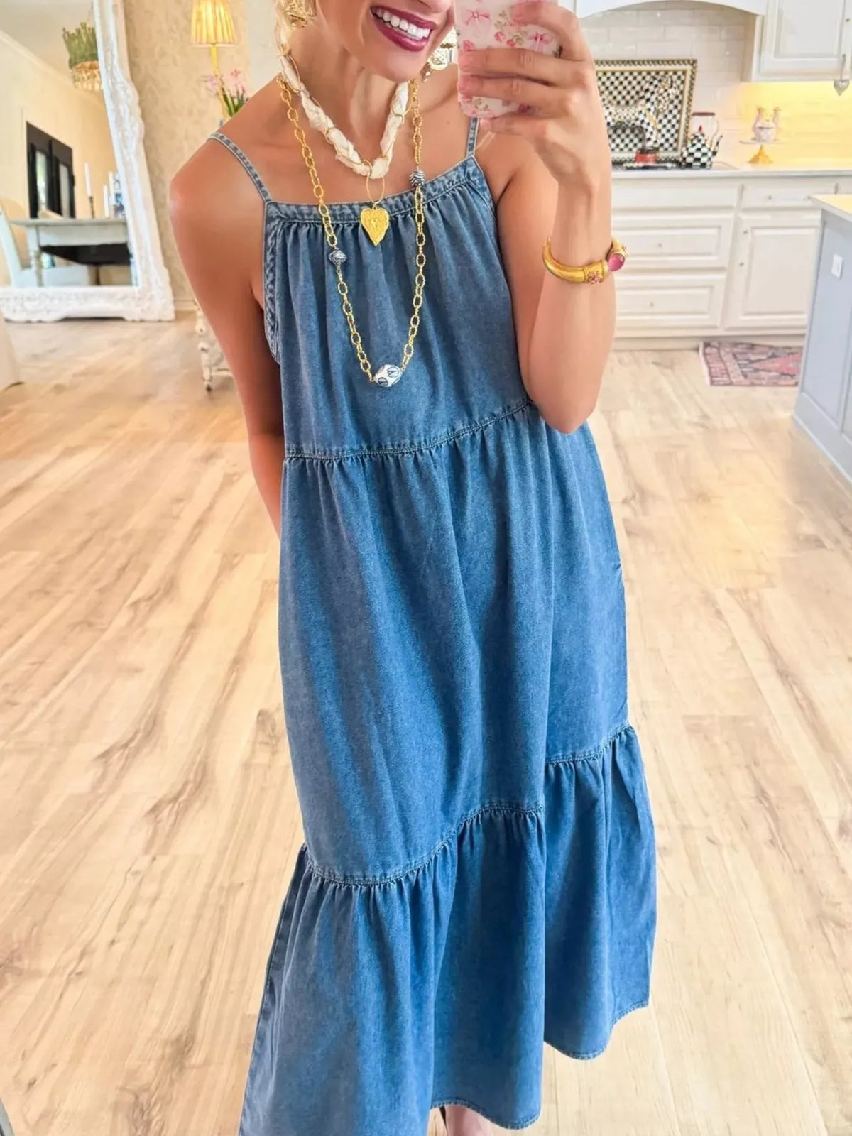 Tiered ruffle hem denim dress front view