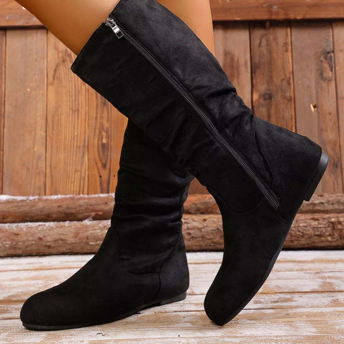 Round toe side zip boots print detail