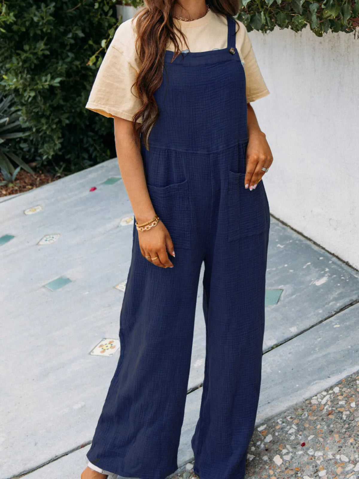 Casual Wide Leg Textured Overalls, view 28