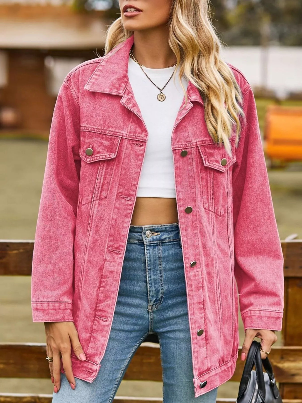 Washed Denim Jacket in Hot Pink back view