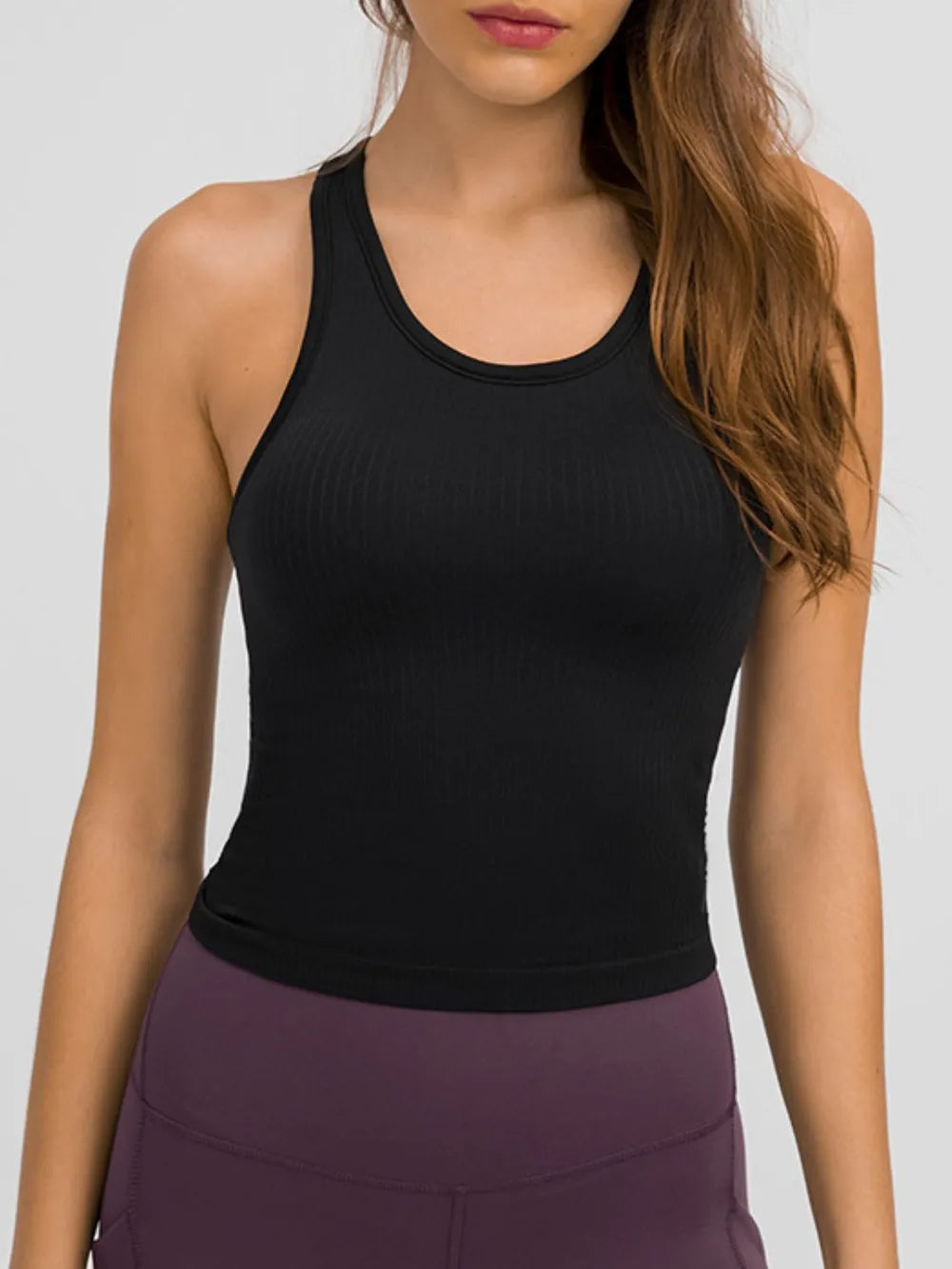 Round neck racerback padded active tank campaign view