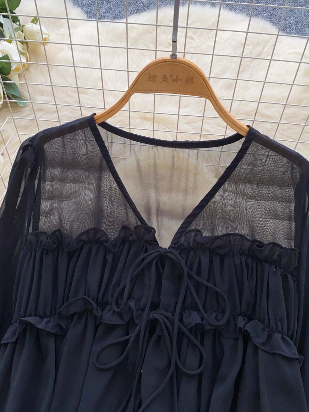 Ruffle tie front chiffon blouse, fabric detail
