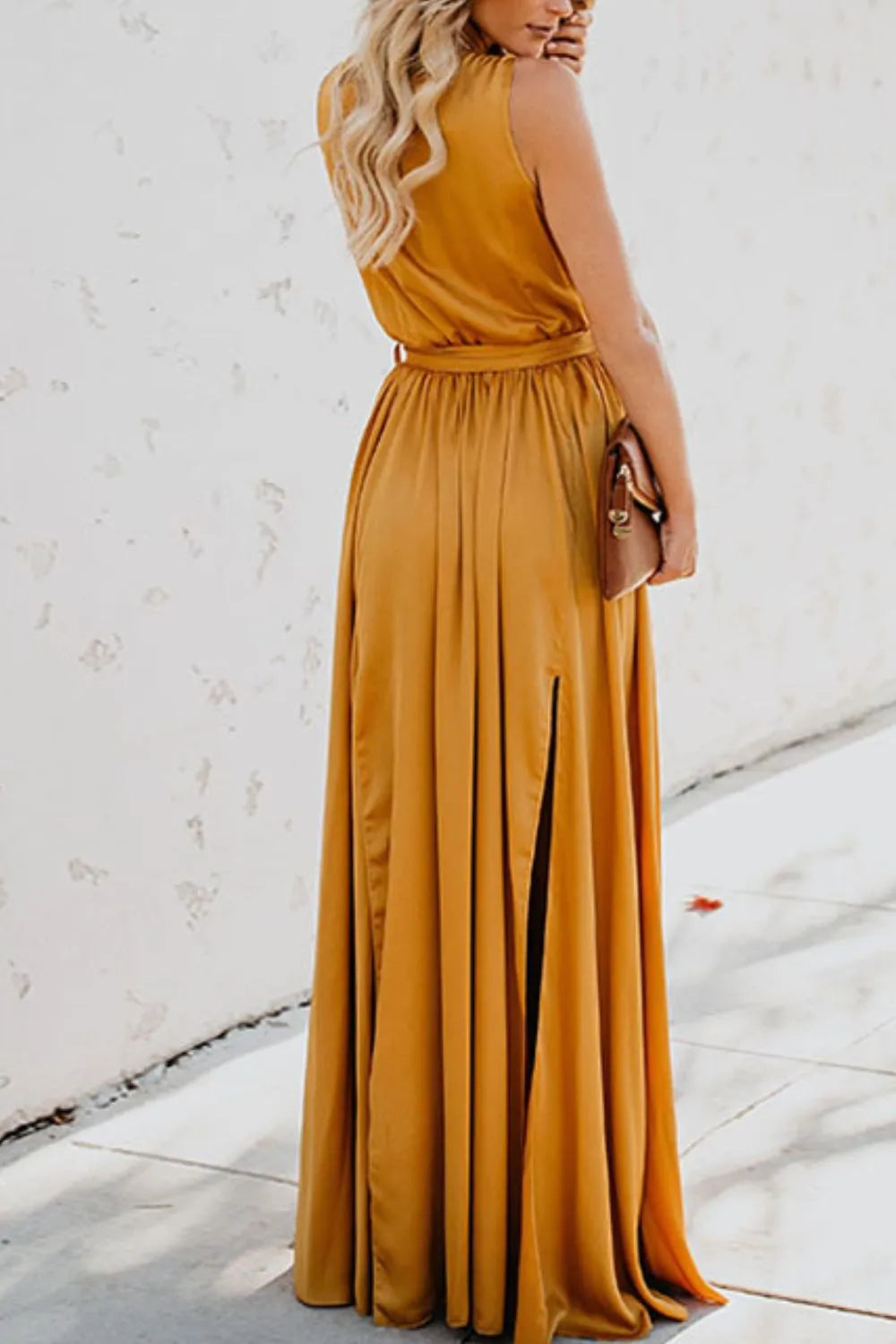 Surplice tie waist maxi dress detail of the neckline