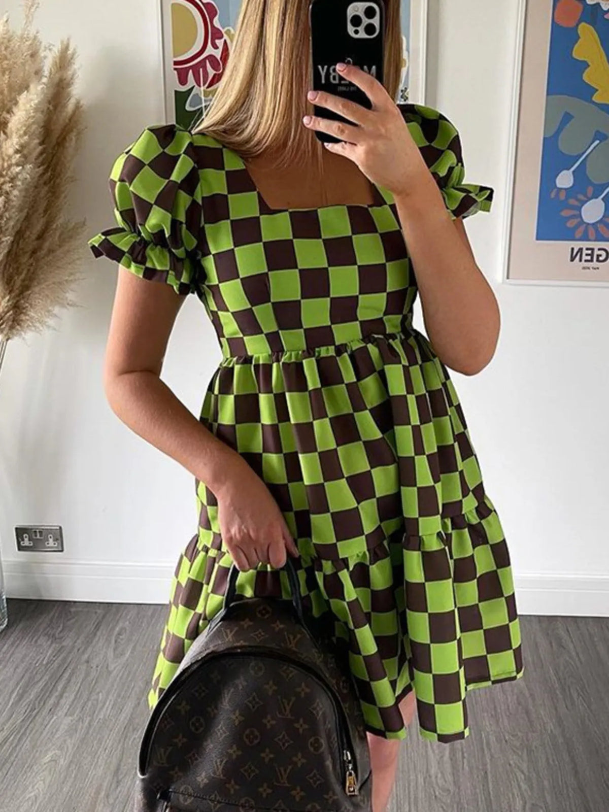 Checkered Tiered Mini Dress in Green back view
