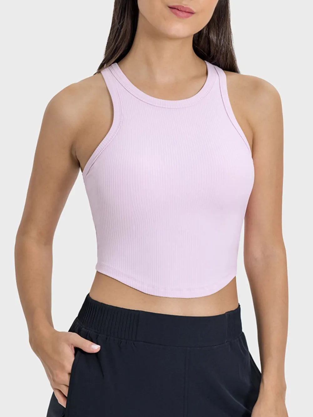 Round neck racerback active tank close up detail