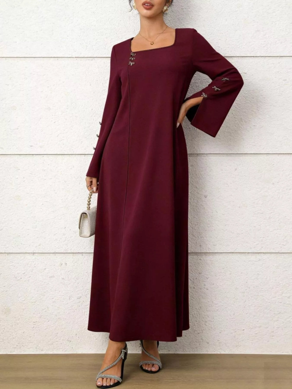 burgundy square neck maxi dress back view