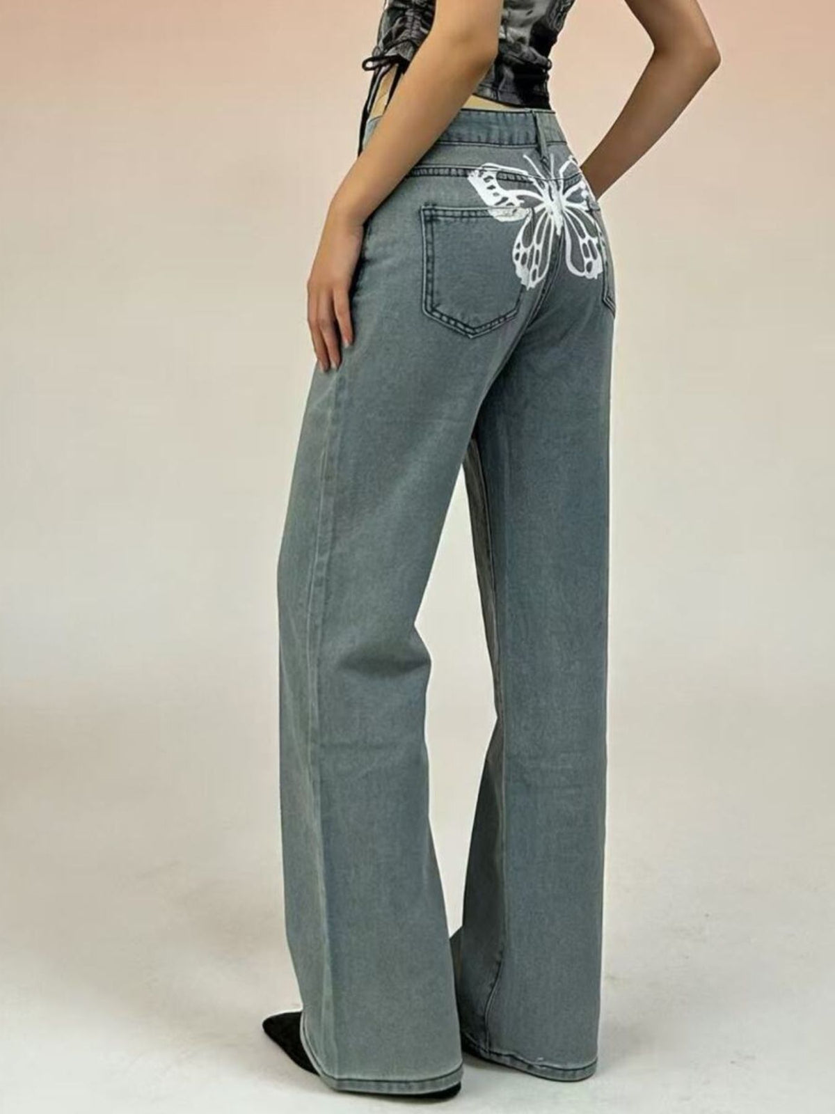 Waistband detail on high waist wide leg jeans