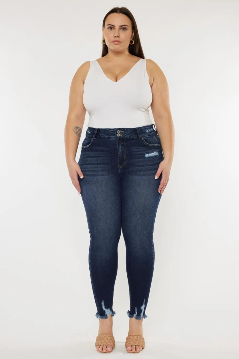 Dark wash high waist jeans full length view