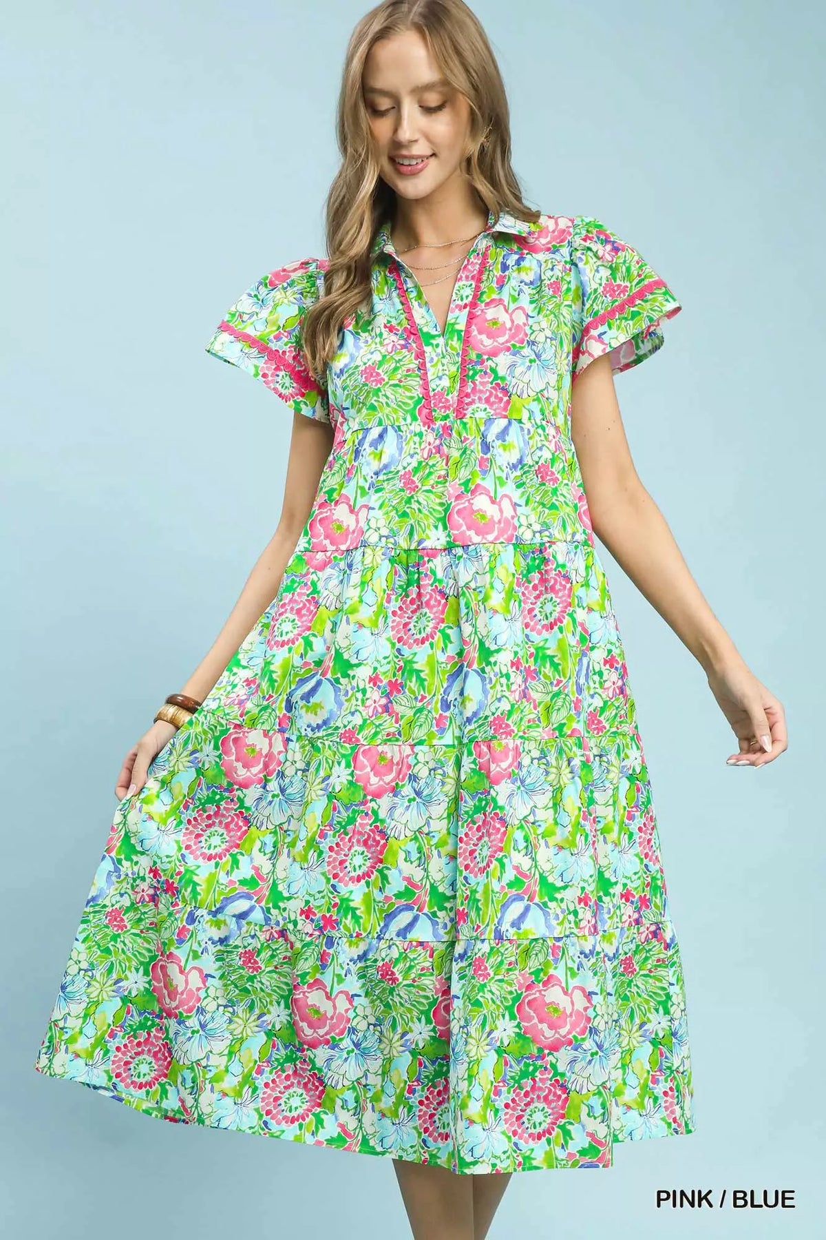 Pink and blue floral tiered midi dress front view