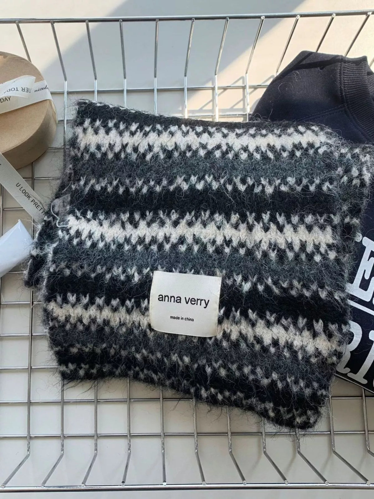 Heritage stripe wool knit scarf in natural light
