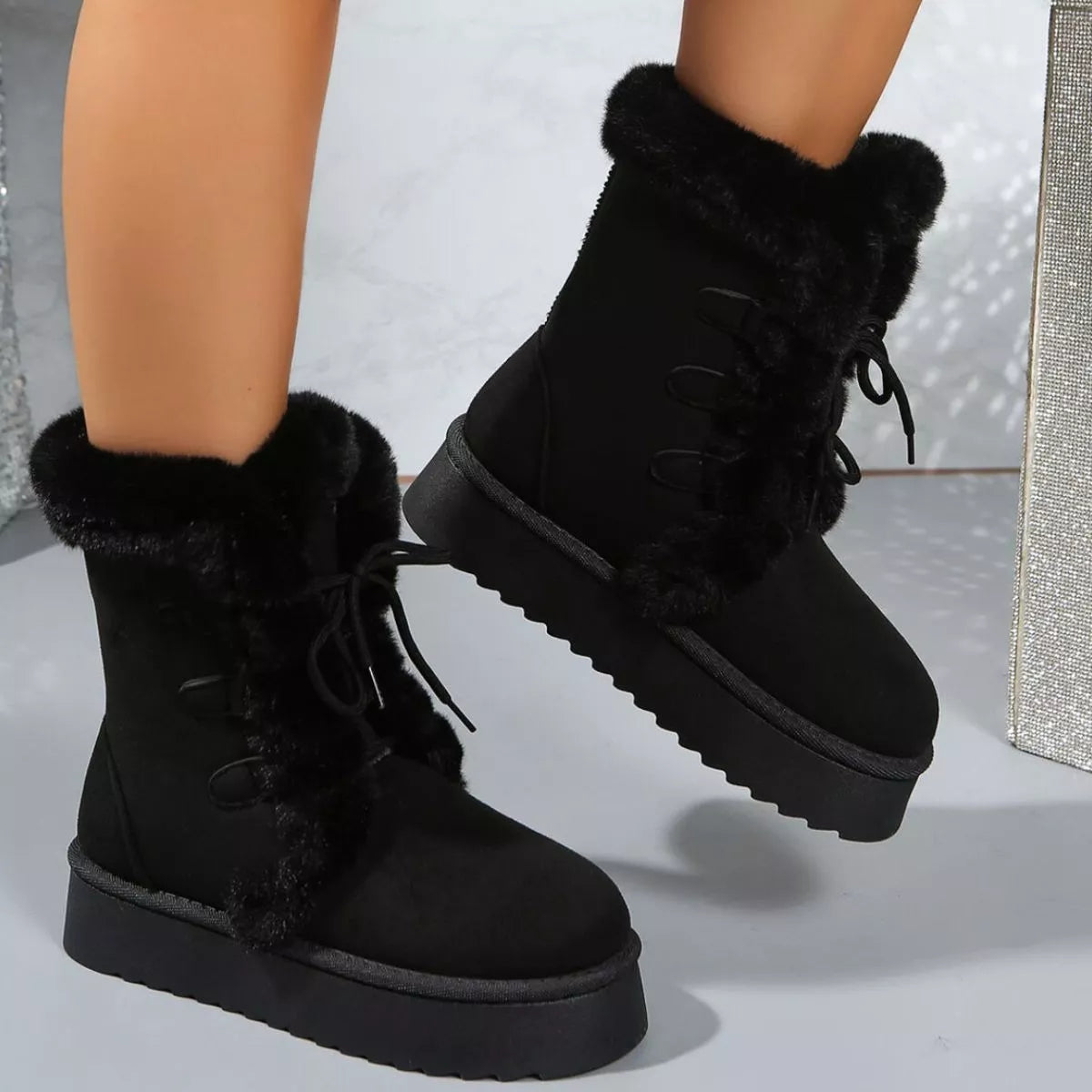 Fuzzy Trim Lace Up Platform Boots back view