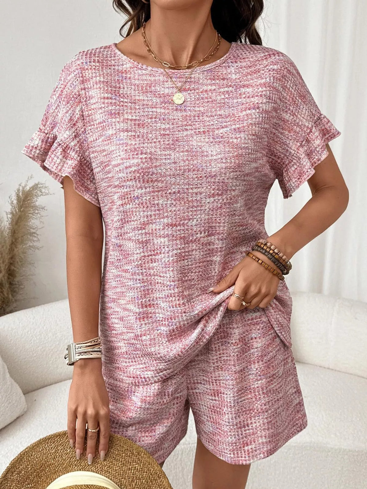 Two piece ruffle sleeve shorts set detail