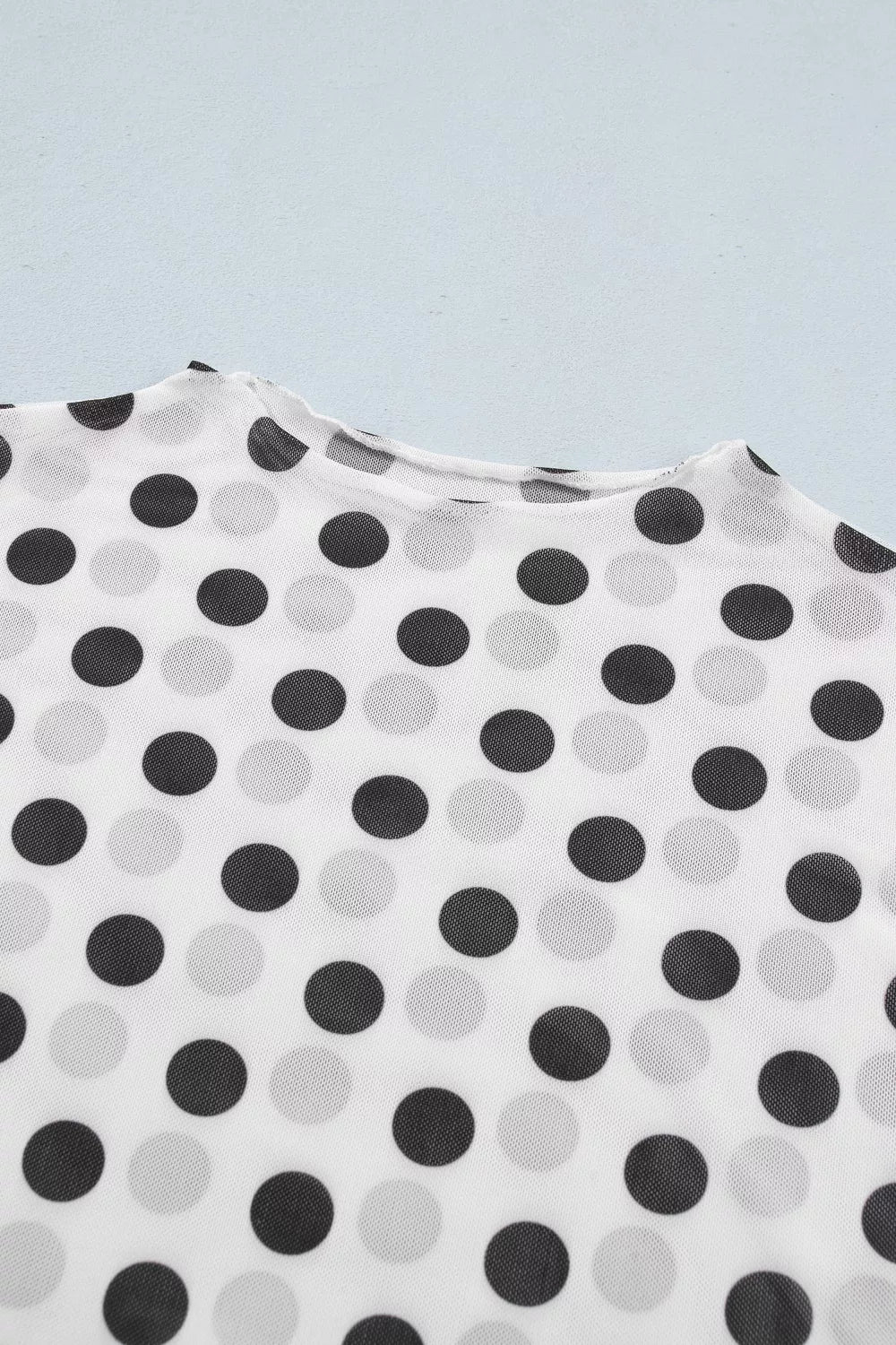 White polka dot sheer mesh long sleeve top full length view