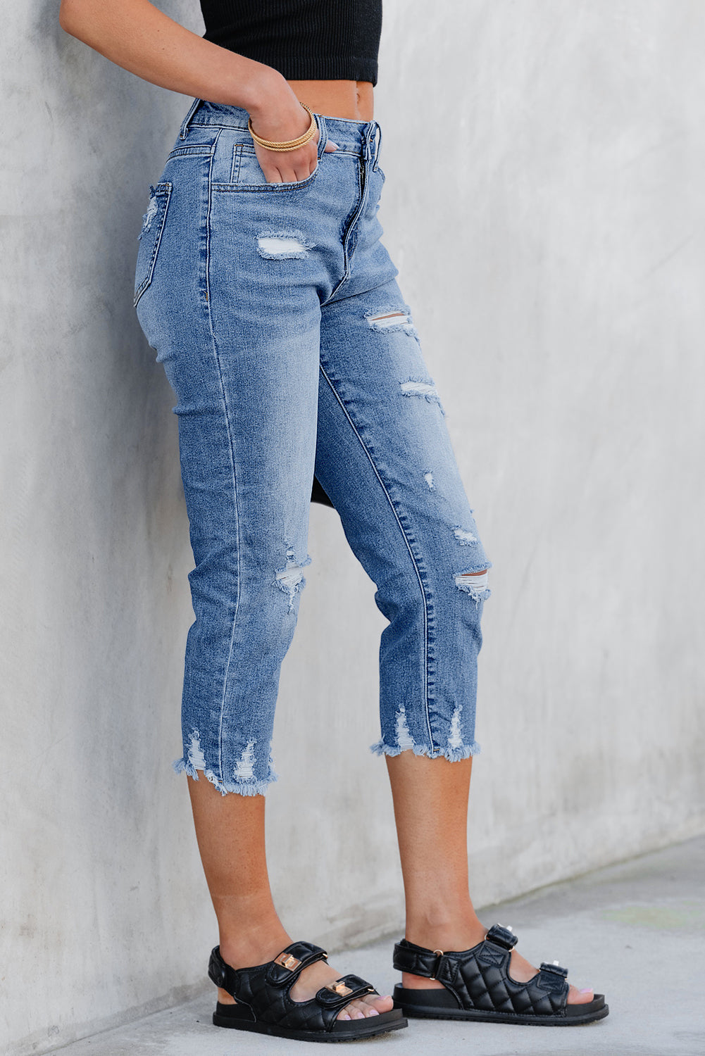 Distressed skinny capri jeans back view