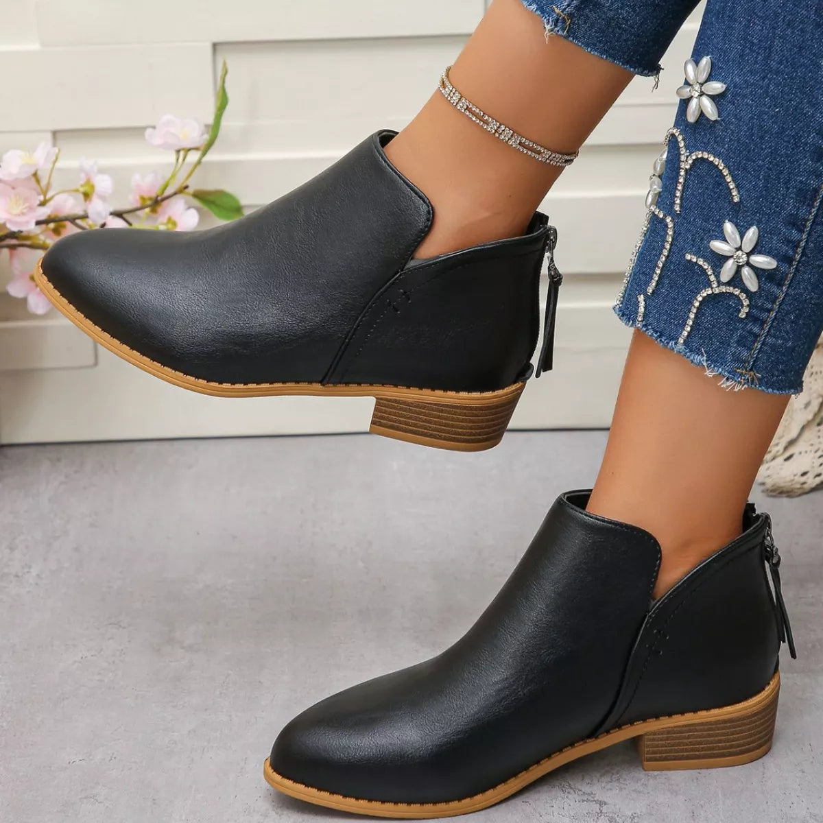 Point toe block heel ankle boots full pair view
