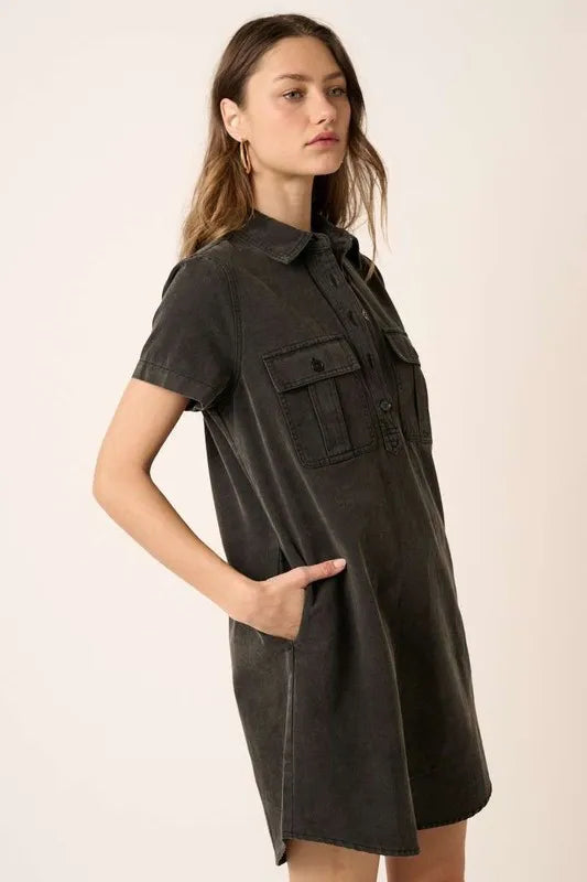 Button Detail Collared Neck Short Sleeve Shirt Dress detail