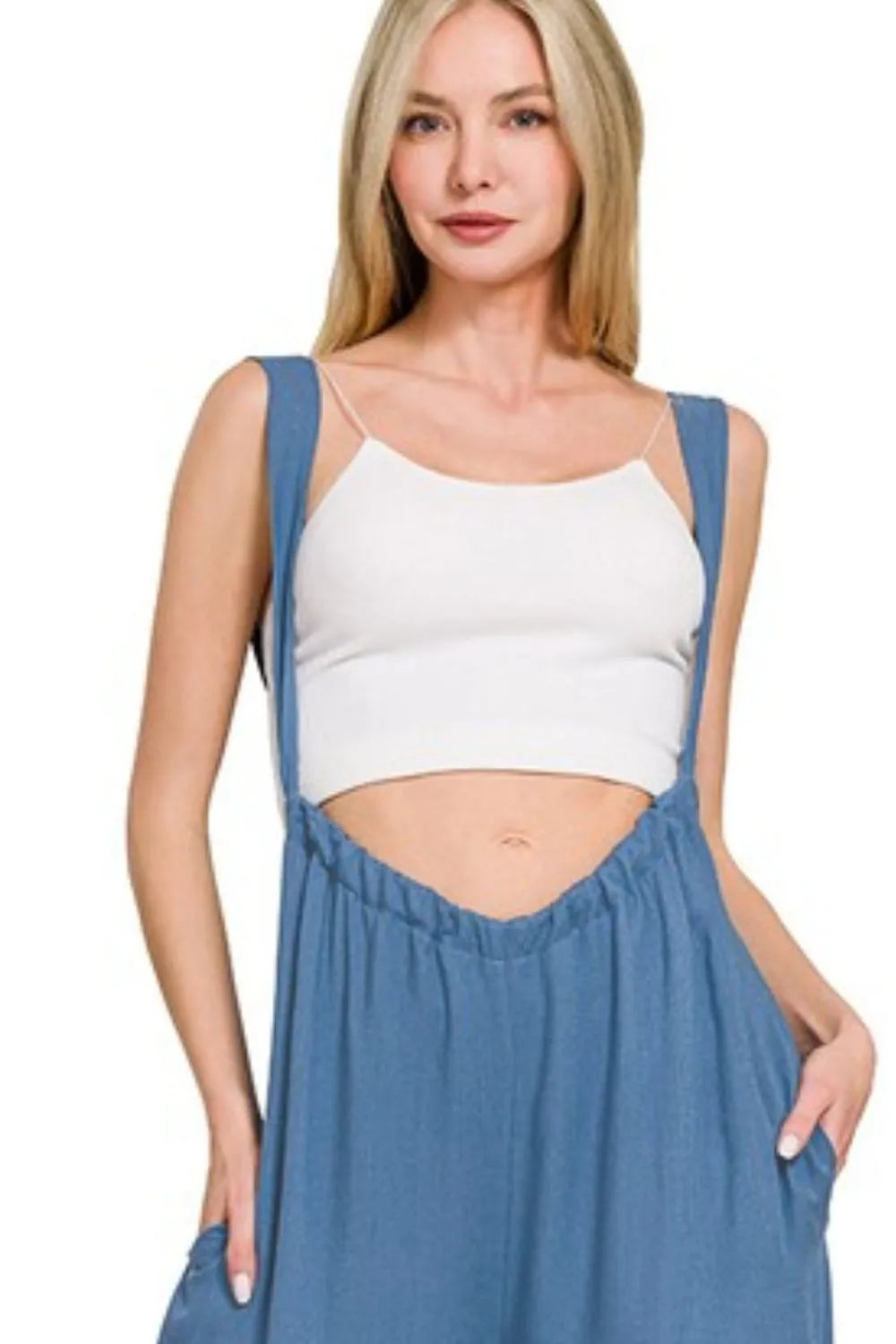 Woven Tie Back Suspender Jumpsuit side view
