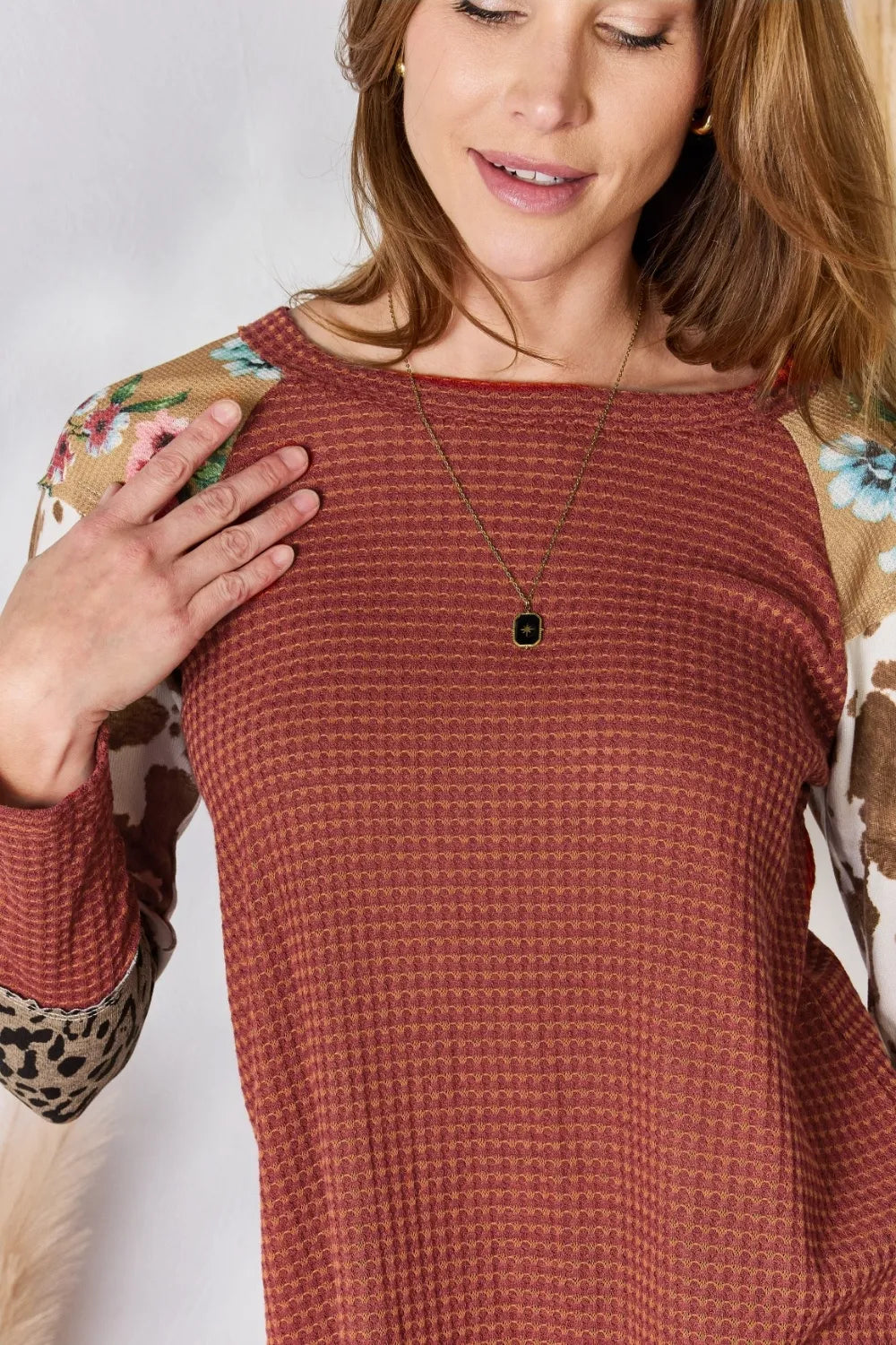 Hailey & Co Full Size Leopard Waffle-Knit Blouse - Fashorio