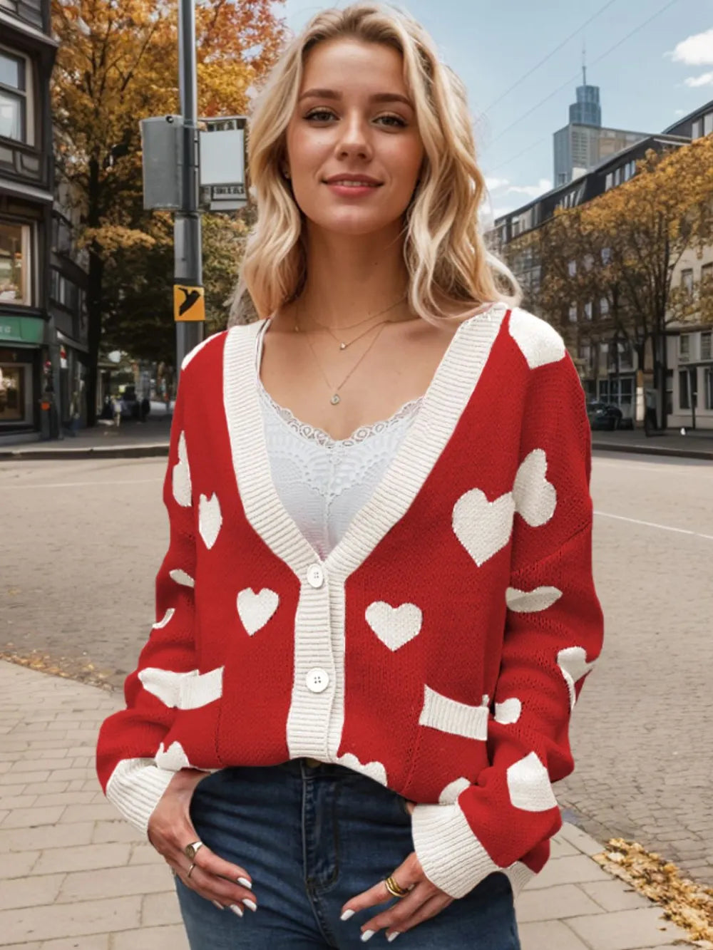 Heart Button Up Dropped Shoulder Long Sleeve Cardigan - Fashorio