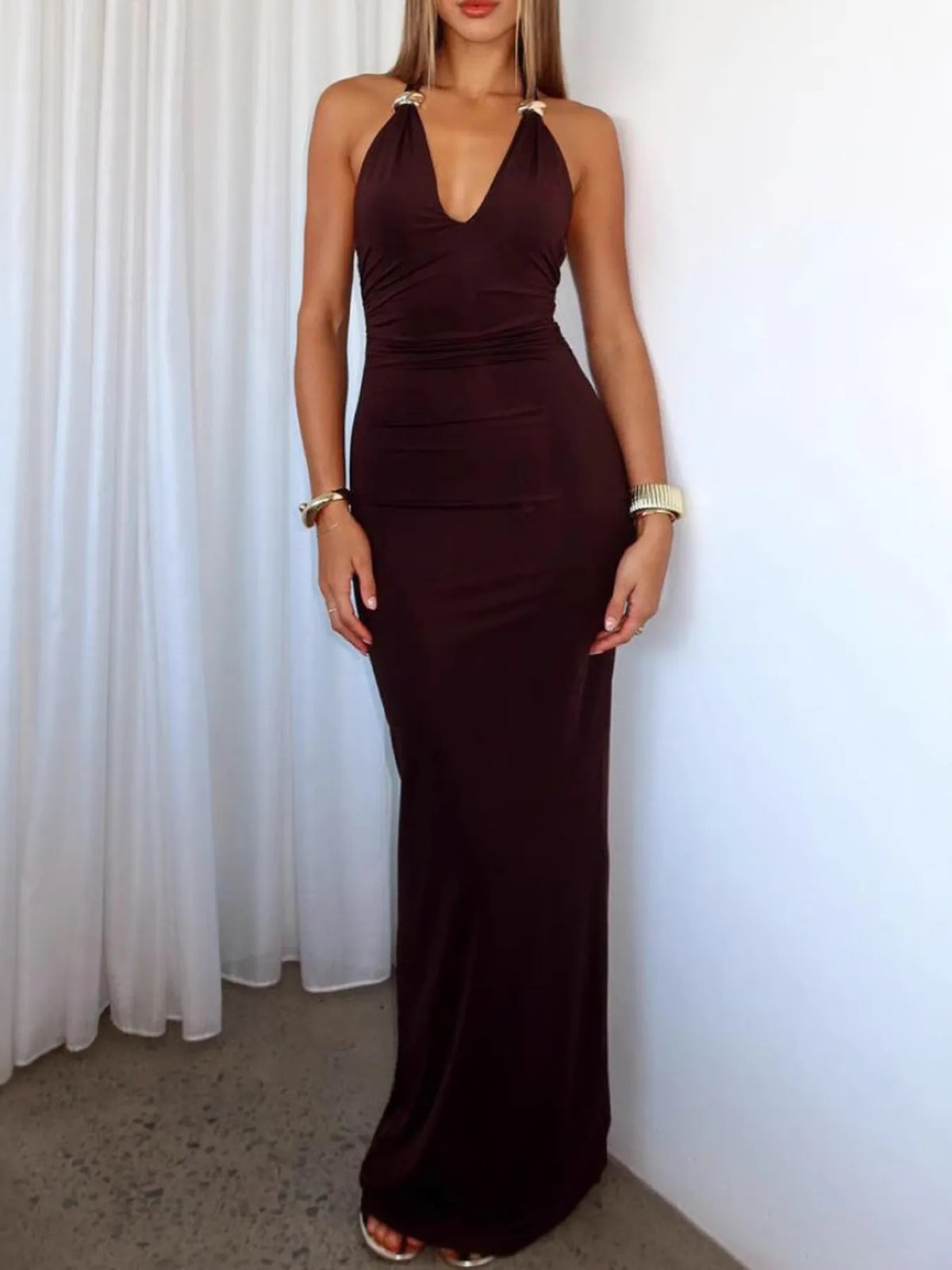 Slit back halter neck maxi dress front view in wine red