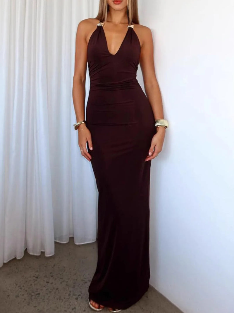 Slit back halter neck maxi dress front view in wine red