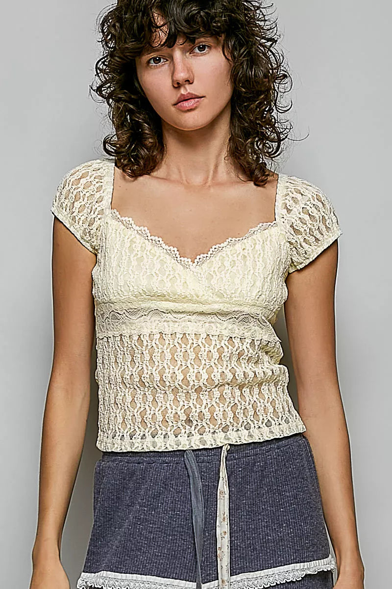 POL sweetheart neck lace short sleeve top in natural front view