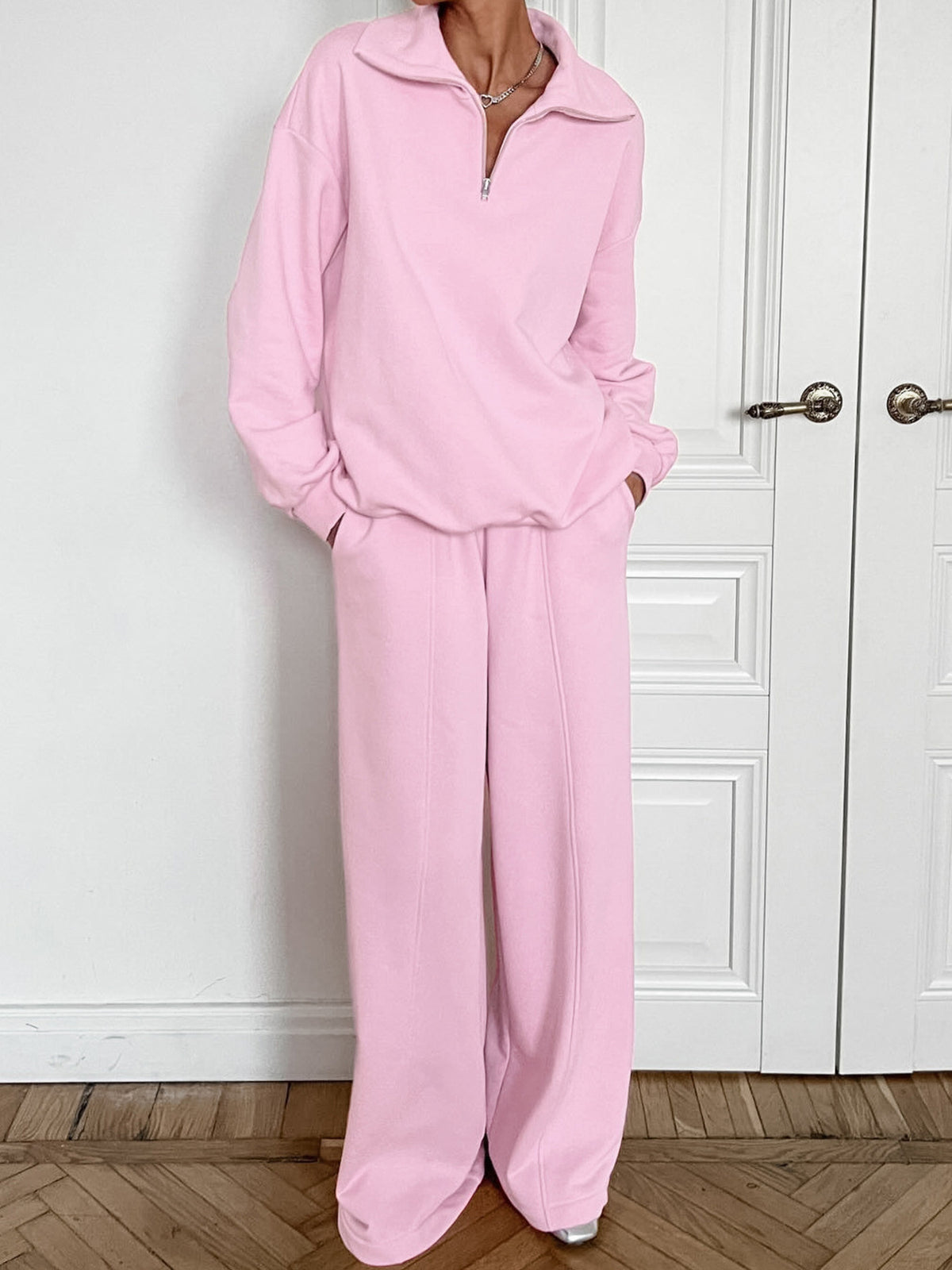 Coordinated quarter zip top and pants set side view