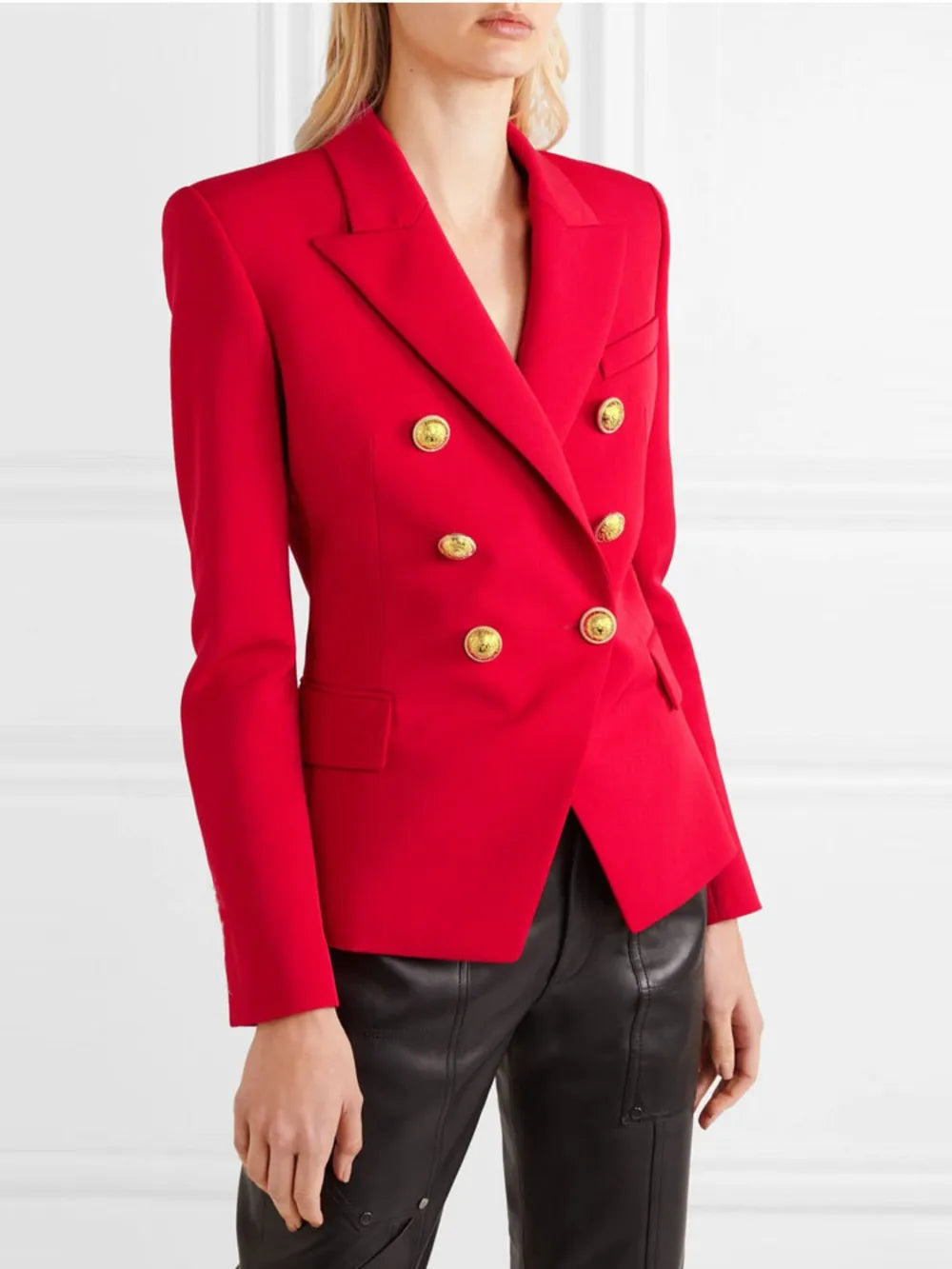 Lapel Collar Long Sleeve Blazer Red - Fashorio