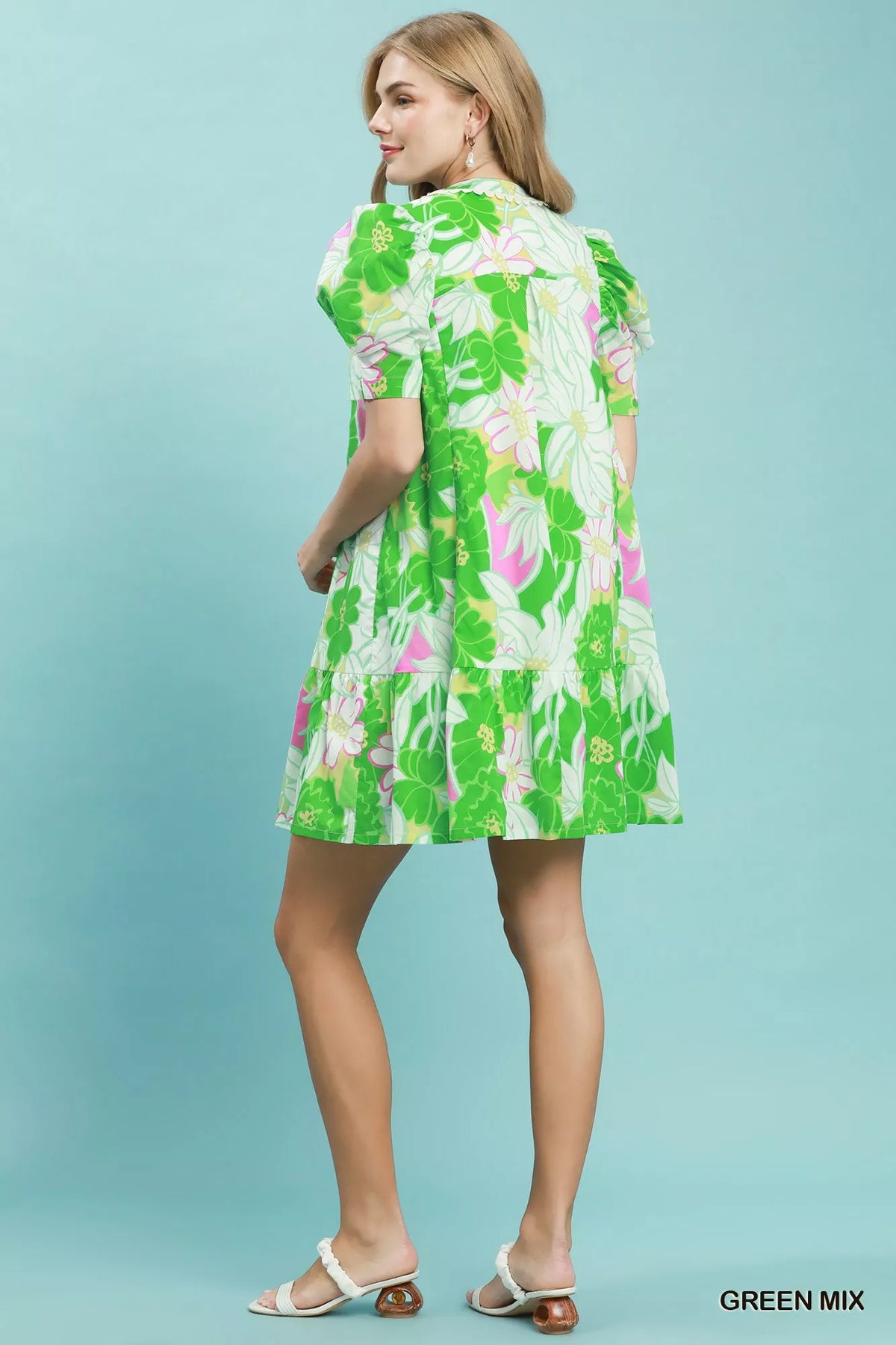 Umgee green floral puff sleeve tiered mini dress back view