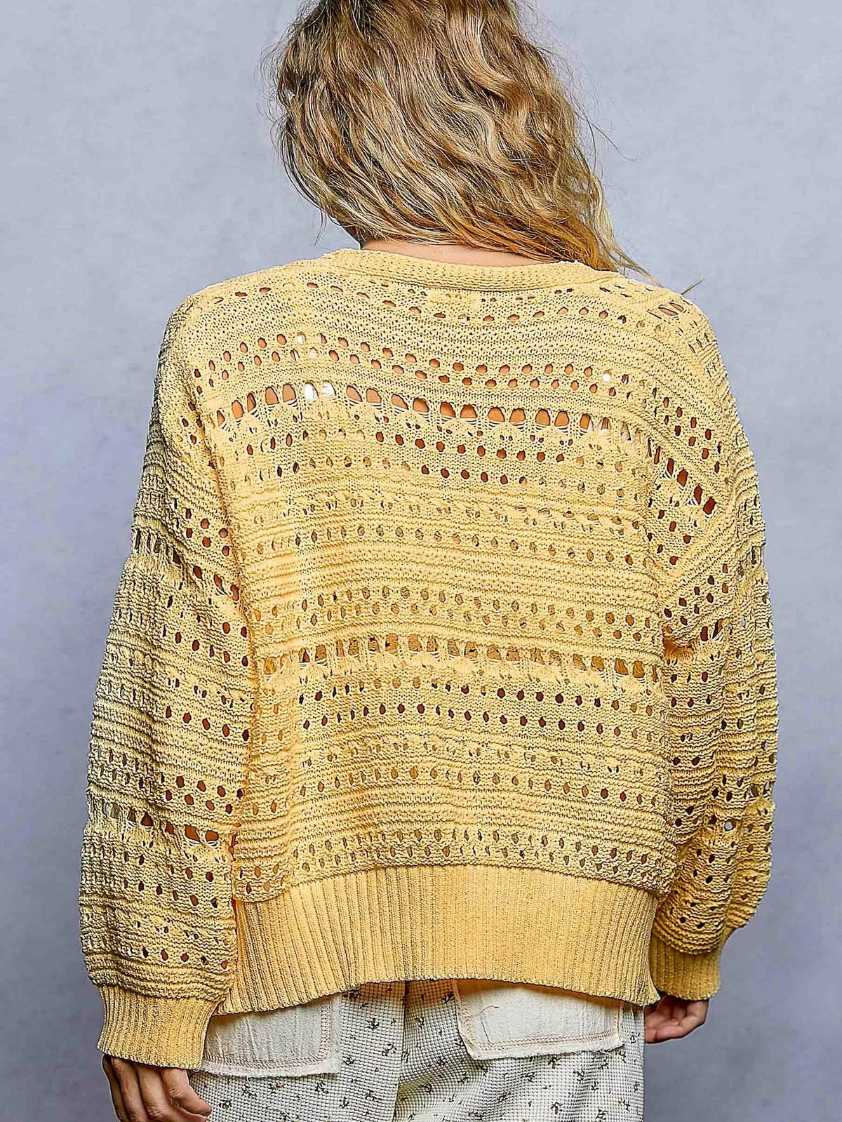 Yellow floral button open knit cardigan open layered look