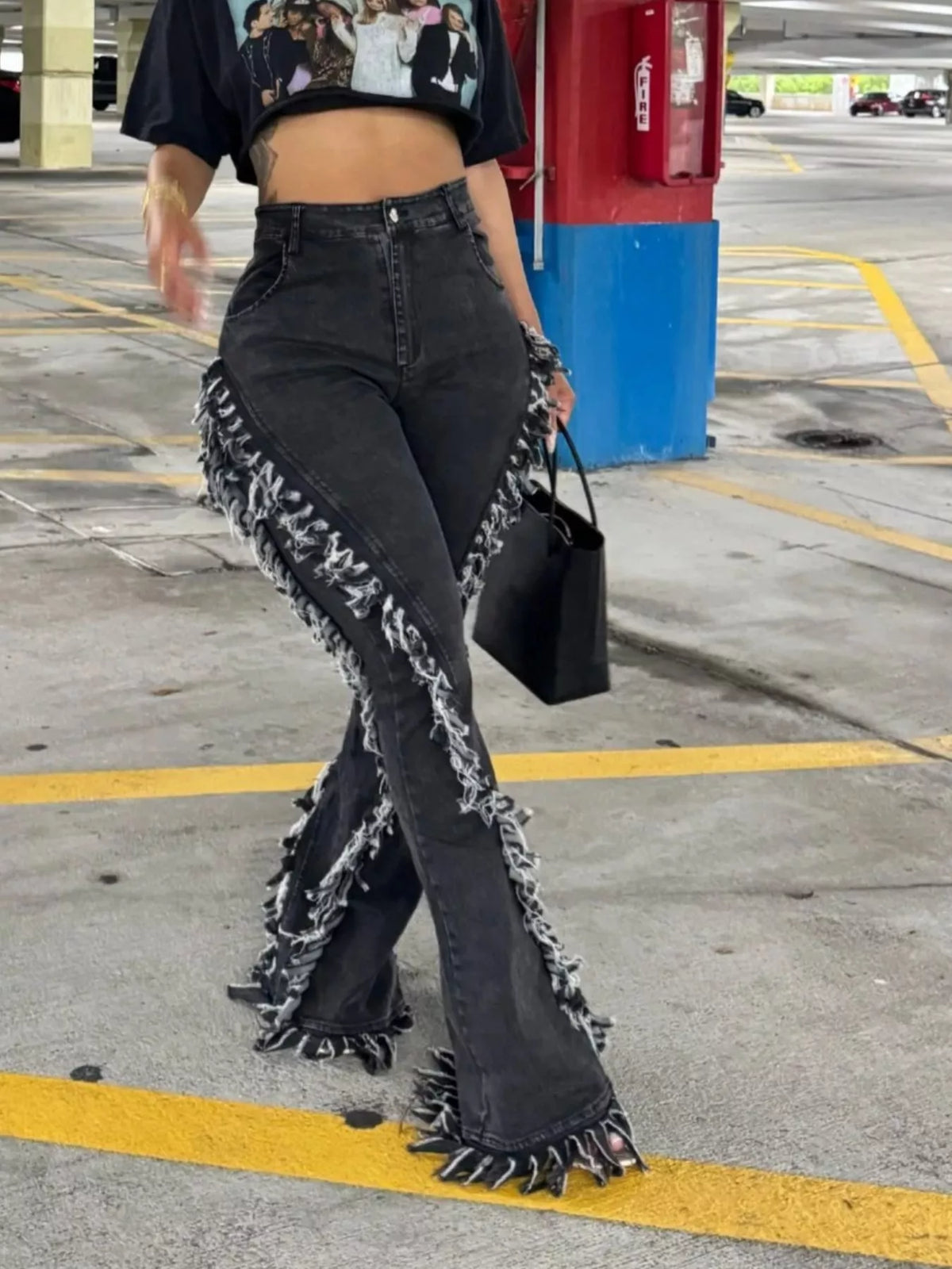 Flare jeans showing leg lengthening silhouette