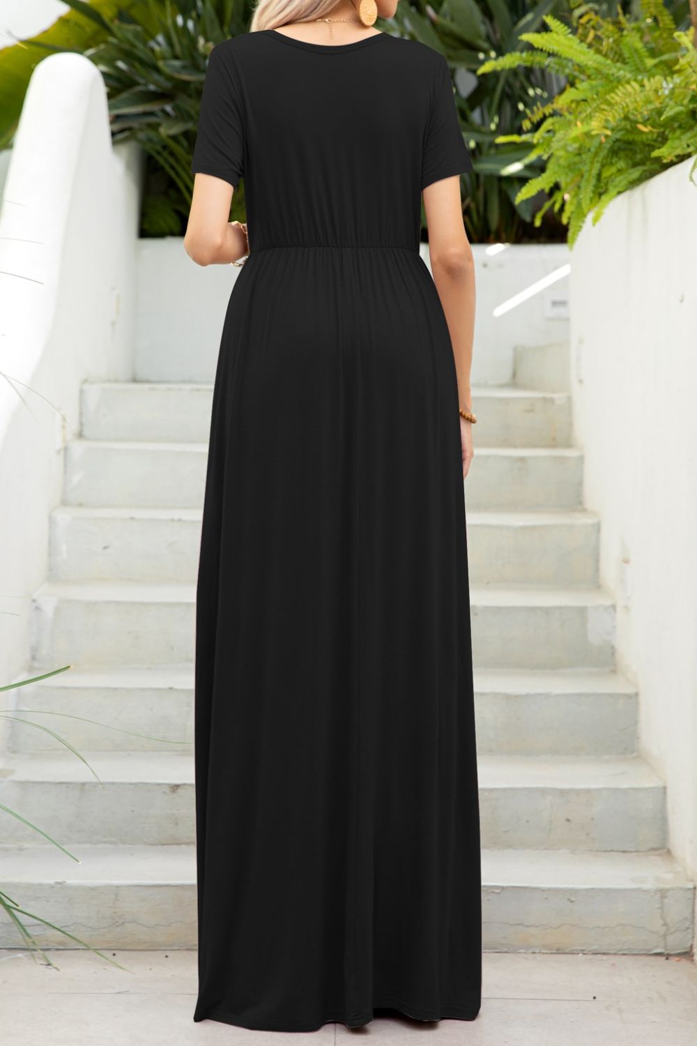 round neck maxi tee dress with pockets side view