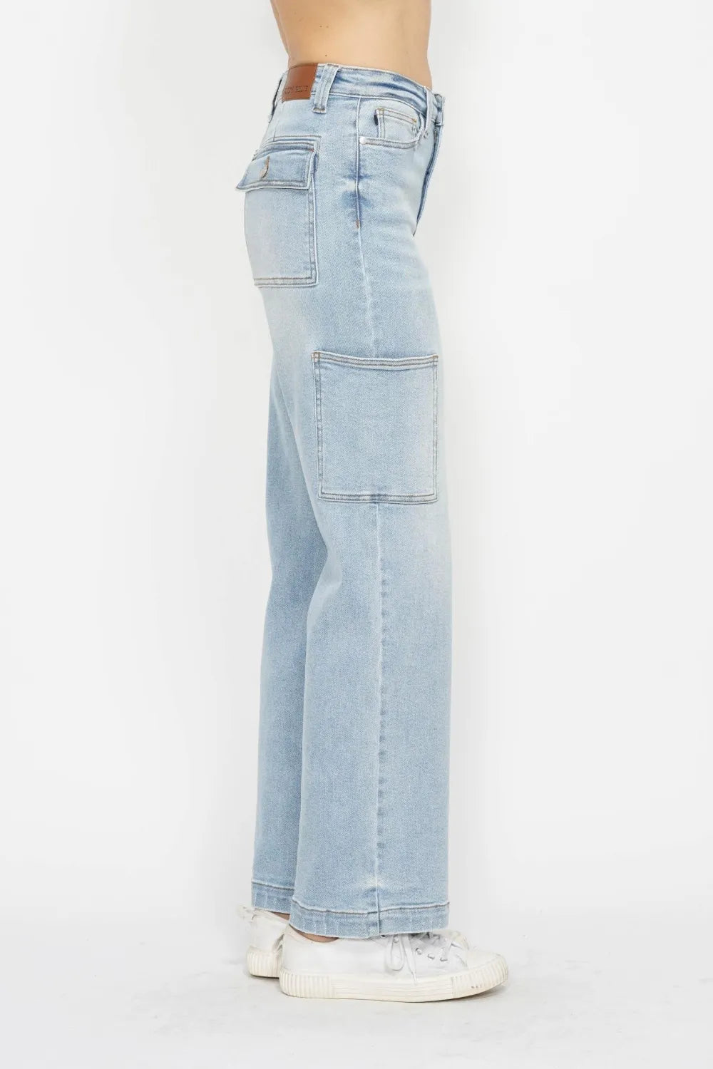 Judy Blue high waist straight cargo jeans front view on model