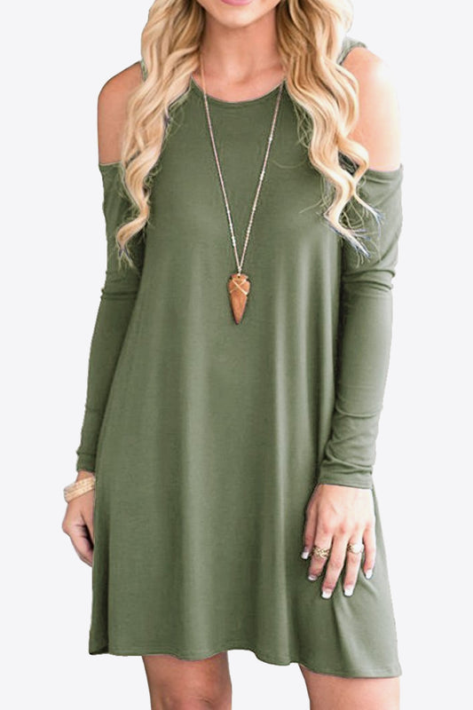 Cold-Shoulder Long Sleeve Mini Dress – Casual Round Neck Style Moss - Fashorio