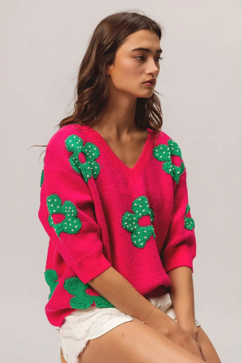 BiBi Pearl Beads Flowers Sweater Top - Fashorio