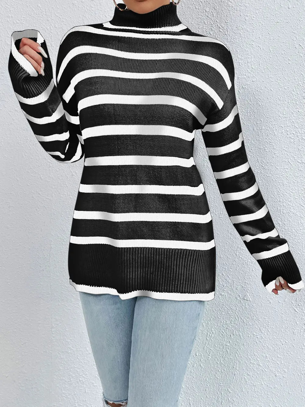 Striped Turtleneck Long Sleeve Sweater - Fashorio