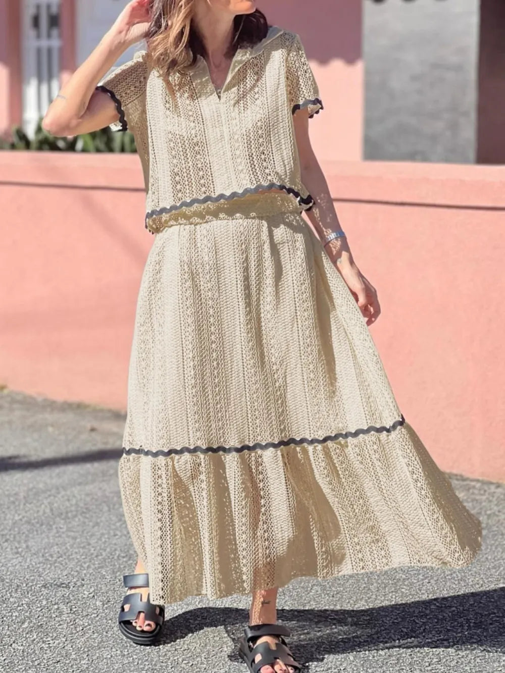 Contrast Trim Openwork Top and Skirt Set, view 7