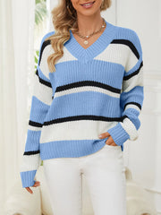 Striped V-Neck Color Block Sweater Light Blue - Fashorio