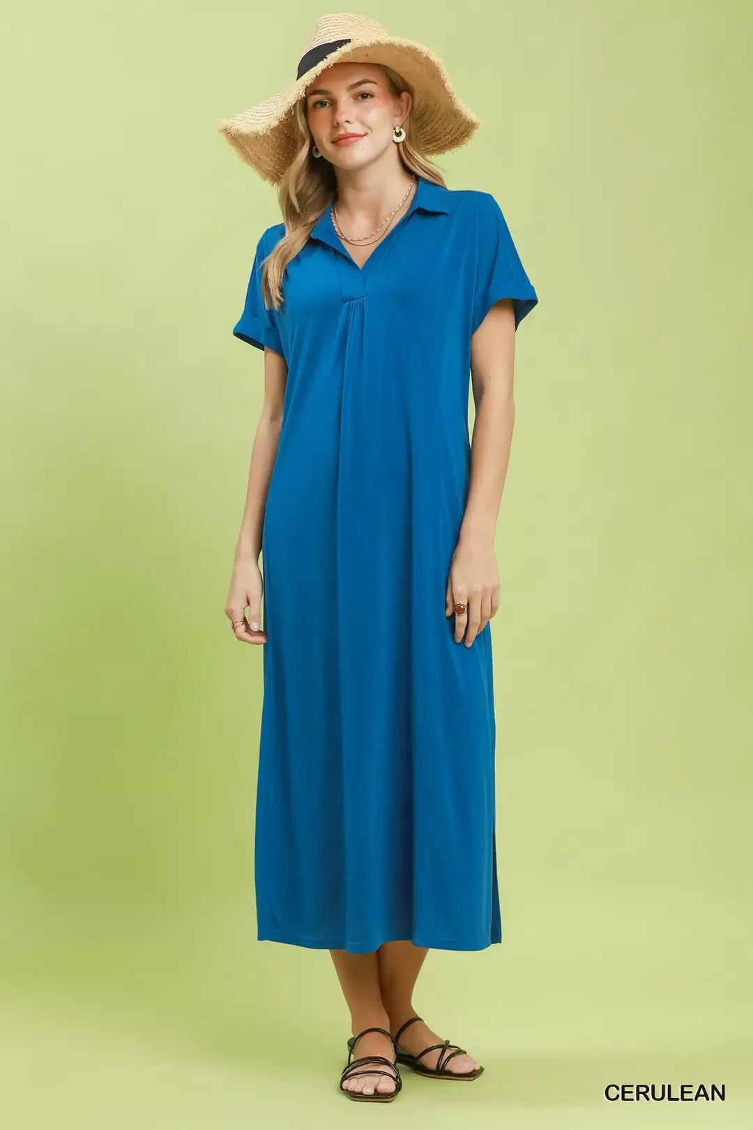 Cerulean blue Umgee collared belted midi dress back view