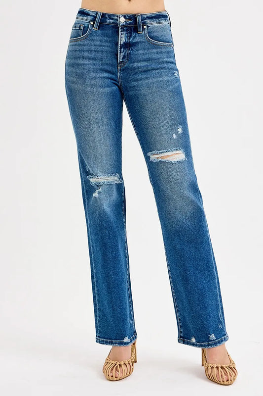 RISEN Full Size Tummy Control High Rise Straight Distressed Jeans Plus Size DARK - Fashorio