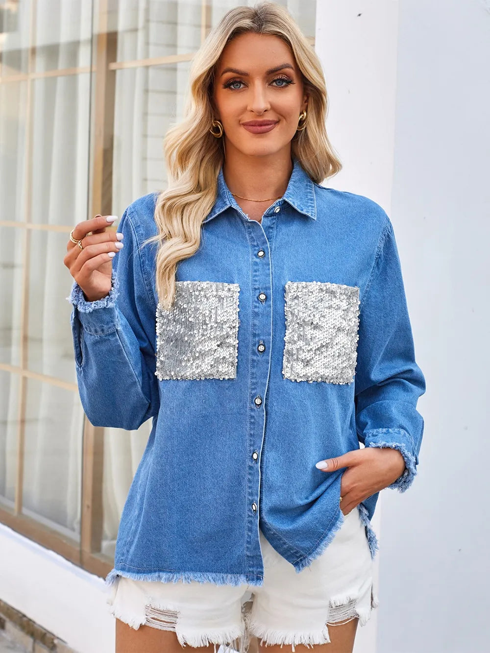 Raw Hem Denim Jacket with Sequin Pockets in Black styled look
