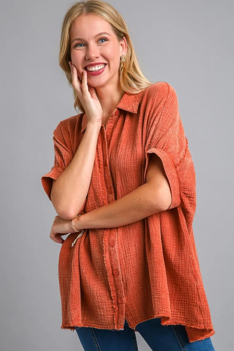 Cotton gauze mineral wash button down shirt front view