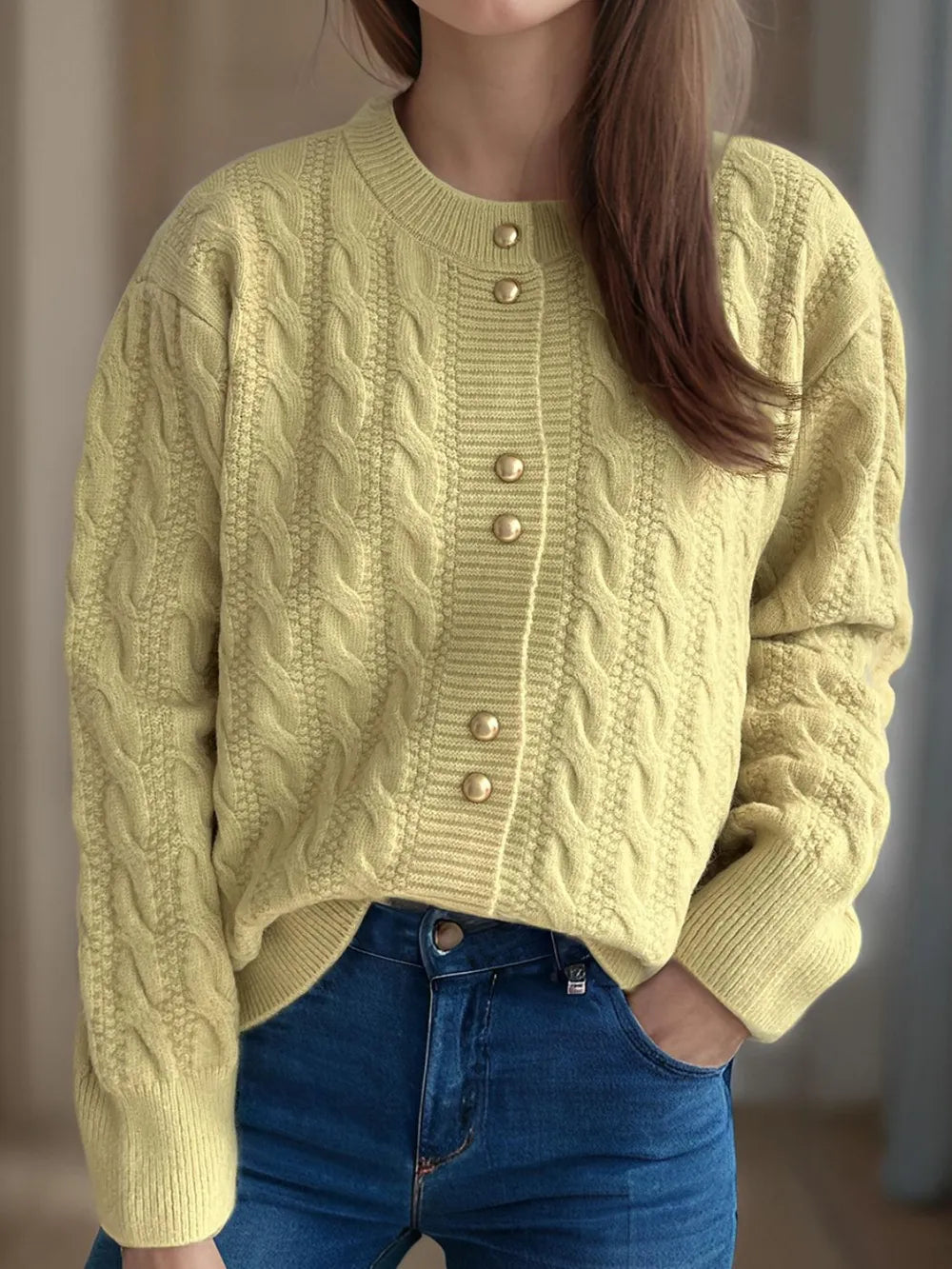 Cable-Knit Round Neck Long Sleeve Cardigan - Fashorio