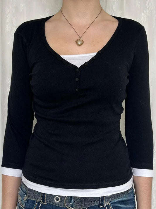Contrast Trim Long Sleeve T-Shirt Black - Fashorio