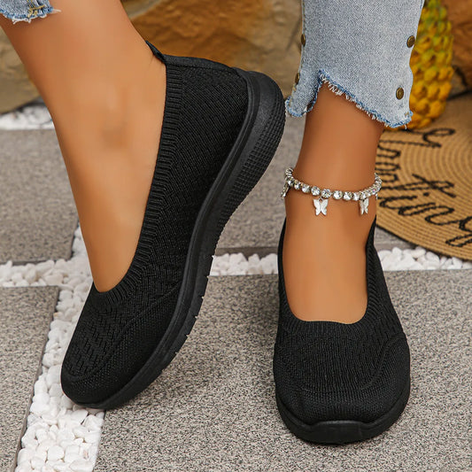 Round Toe Mesh Slip-Ons Black - Fashorio