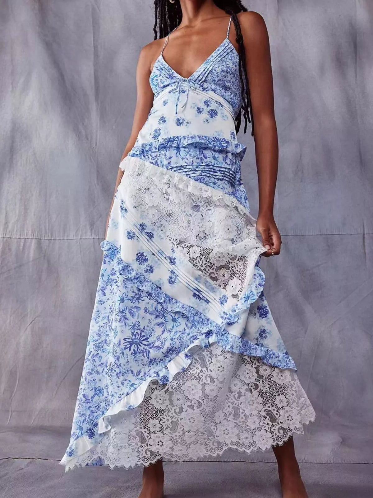 Lace detail ruffled floral v neck maxi dress, skirt movement detail